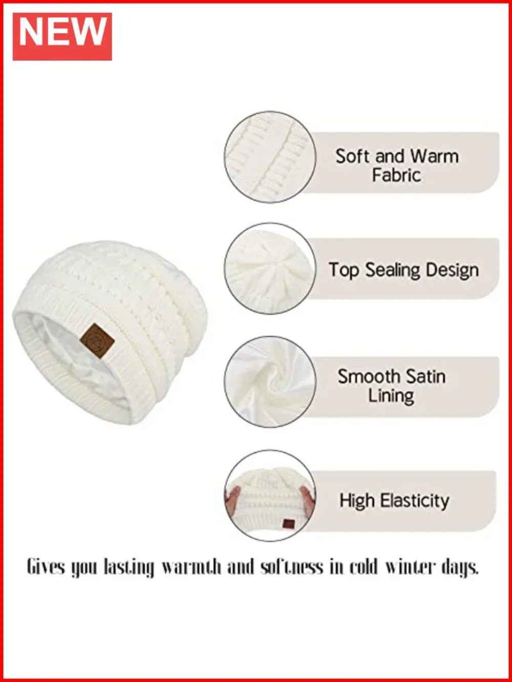 Women's Satin Lined Slouchy Beanie Winter Knit Cuffed Hat, Acrylic & Polyester,